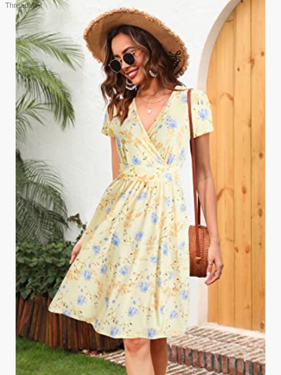 Soft Stretchy V-Neck Midi Dress with Pockets Floral Summer Casual - Picture 3 of 6